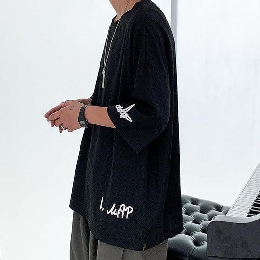 夏服 メンズ tシャツ メンズ 半袖 七分袖 大きいサイズ 無地 速乾性 柔らかい 軽い ファッション 服 メンズ-ブラック