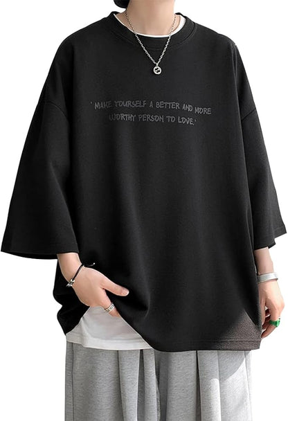 夏服 メンズ tシャツ 七分袖 涼しい ゆったり 大きい サイズ かっこいい服 クルーネック おしゃれ ビッグ シルエット カットソー カジュアル トップス 柔らかい肌触り 人気 なつふく 男女兼用 夏用 ウェア-ブラック