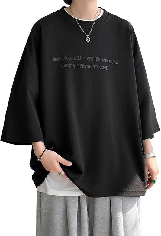 夏服 メンズ tシャツ 七分袖 涼しい ゆったり 大きい サイズ かっこいい服 クルーネック おしゃれ ビッグ シルエット カットソー カジュアル トップス 柔らかい肌触り 人気 なつふく 男女兼用 夏用 ウェア-ブラック