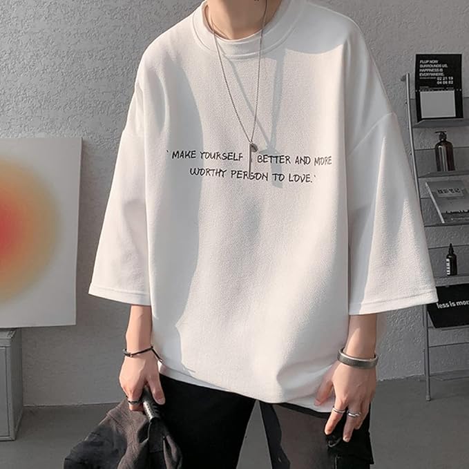 夏服 メンズ tシャツ 七分袖 涼しい ゆったり 大きい サイズ かっこいい服 クルーネック おしゃれ ビッグ シルエット カットソー カジュアル トップス 柔らかい肌触り 人気 なつふく 男女兼用 夏用 ウェア-ホワイト