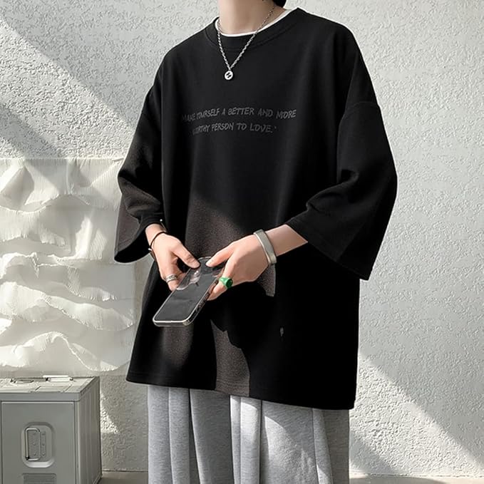 夏服 メンズ tシャツ 七分袖 涼しい ゆったり 大きい サイズ かっこいい服 クルーネック おしゃれ ビッグ シルエット カットソー カジュアル トップス 柔らかい肌触り 人気 なつふく 男女兼用 夏用 ウェア-ブラック