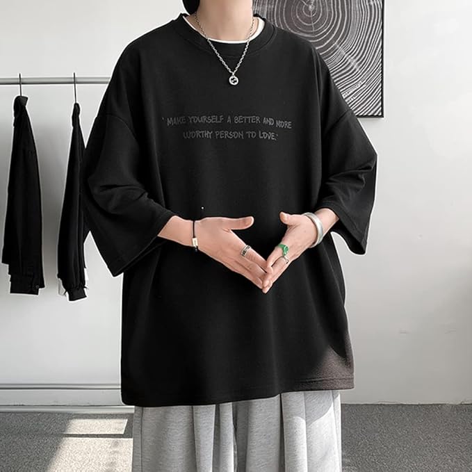 夏服 メンズ tシャツ 七分袖 涼しい ゆったり 大きい サイズ かっこいい服 クルーネック おしゃれ ビッグ シルエット カットソー カジュアル トップス 柔らかい肌触り 人気 なつふく 男女兼用 夏用 ウェア-ブラック