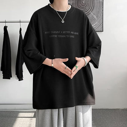 夏服 メンズ tシャツ 七分袖 涼しい ゆったり 大きい サイズ かっこいい服 クルーネック おしゃれ ビッグ シルエット カットソー カジュアル トップス 柔らかい肌触り 人気 なつふく 男女兼用 夏用 ウェア-ブラック