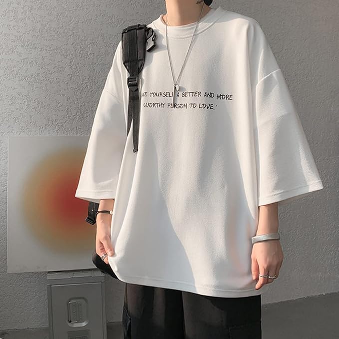 夏服 メンズ tシャツ 七分袖 涼しい ゆったり 大きい サイズ かっこいい服 クルーネック おしゃれ ビッグ シルエット カットソー カジュアル トップス 柔らかい肌触り 人気 なつふく 男女兼用 夏用 ウェア-ホワイト