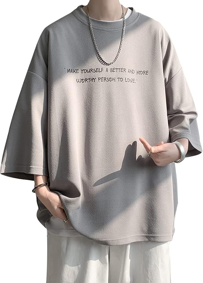 夏服 メンズ tシャツ 七分袖 涼しい ゆったり 大きい サイズ かっこいい服 クルーネック おしゃれ ビッグ シルエット カットソー カジュアル トップス 柔らかい肌触り 人気 なつふく 男女兼用 夏用 ウェア-グレー