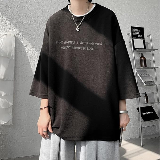 夏服 メンズ tシャツ 七分袖 涼しい ゆったり 大きい サイズ かっこいい服 クルーネック おしゃれ ビッグ シルエット カットソー カジュアル トップス 柔らかい肌触り 人気 なつふく 男女兼用 夏用 ウェア-ブラック