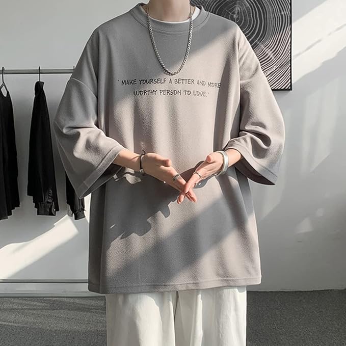 夏服 メンズ tシャツ 七分袖 涼しい ゆったり 大きい サイズ かっこいい服 クルーネック おしゃれ ビッグ シルエット カットソー カジュアル トップス 柔らかい肌触り 人気 なつふく 男女兼用 夏用 ウェア-グレー