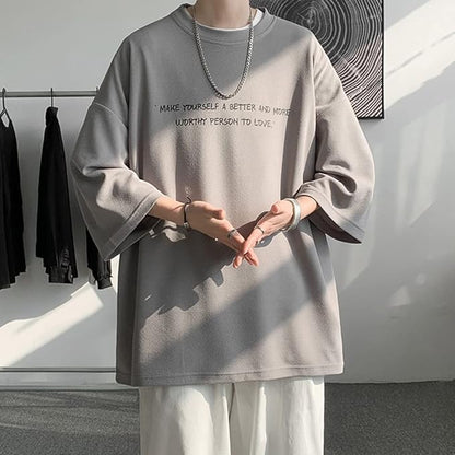 夏服 メンズ tシャツ 七分袖 涼しい ゆったり 大きい サイズ かっこいい服 クルーネック おしゃれ ビッグ シルエット カットソー カジュアル トップス 柔らかい肌触り 人気 なつふく 男女兼用 夏用 ウェア-グレー