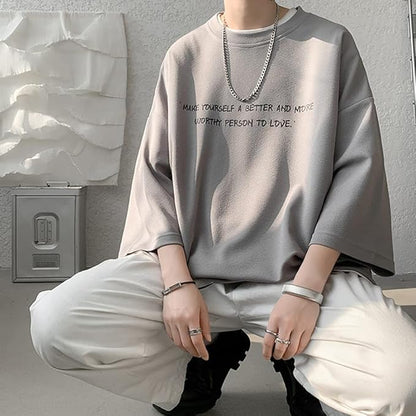 夏服 メンズ tシャツ 七分袖 涼しい ゆったり 大きい サイズ かっこいい服 クルーネック おしゃれ ビッグ シルエット カットソー カジュアル トップス 柔らかい肌触り 人気 なつふく 男女兼用 夏用 ウェア-グレー